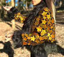 Load image into Gallery viewer, Gold Holo Cosmic Star Cropped Coat w/ Dark Blue Gold Moon Lining
