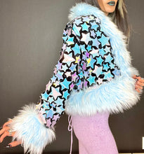 Load image into Gallery viewer, Pastel Cosmic Star crop coat with baby blue fur
