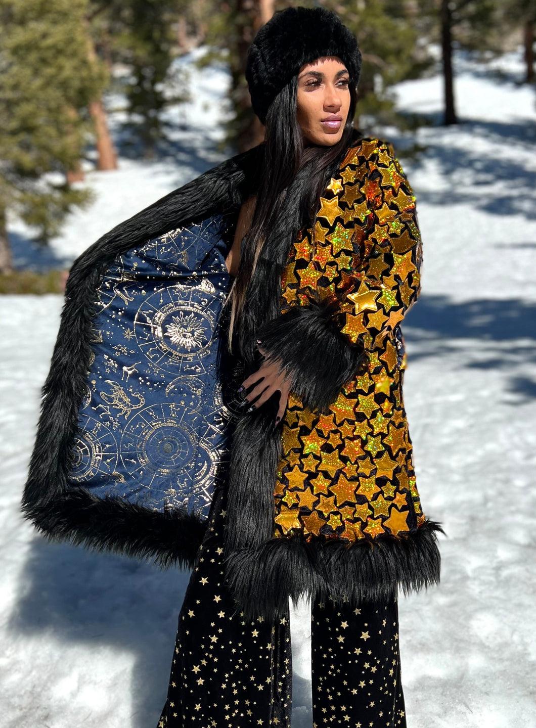 Long Cosmic Gold Star Coat with Astrology Lining