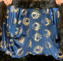 Load image into Gallery viewer, Gold Holo Cosmic Star Cropped Coat w/ Dark Blue Gold Moon Lining
